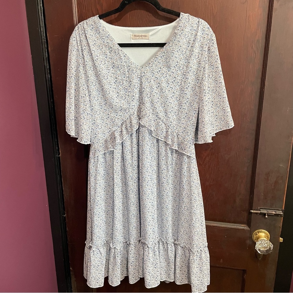 ManyDress Large Midi Dress Blue V-Neck Floral